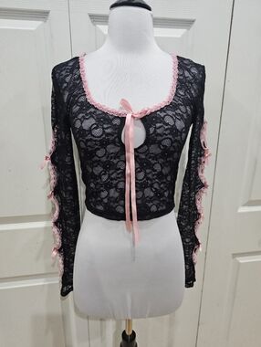 Dolls Kill Current Mood Know U Want Me Black Pink Bow Lace Crop Cut Out Top S